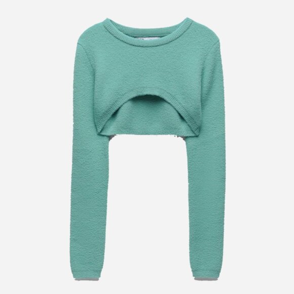 Knit Arm Warmer Sweater Turquoise Knit Sweater Top - Picture 3 of 4